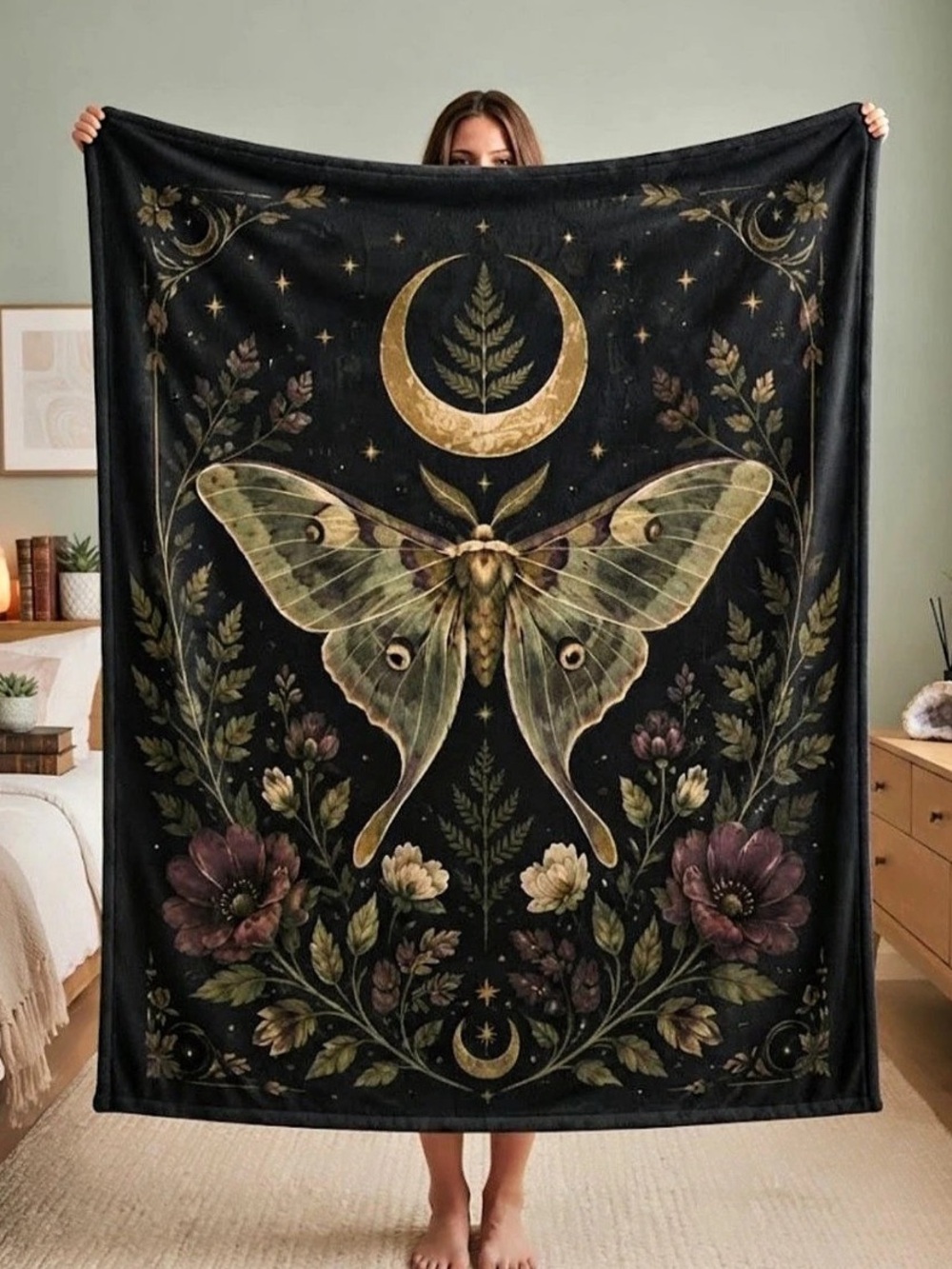 Gothic Moth Moon Floral Botanical Dark Academia Soft Plush Blanket